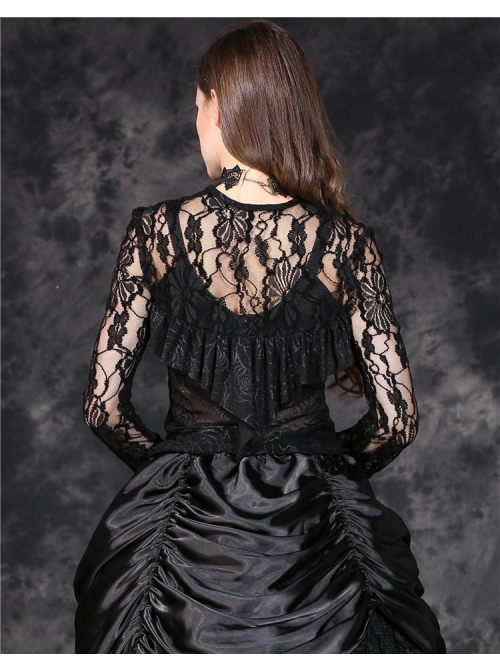 Black Gothic Front Chest Lace-Up Jacquard Hollow-Out Lace T-Shirt