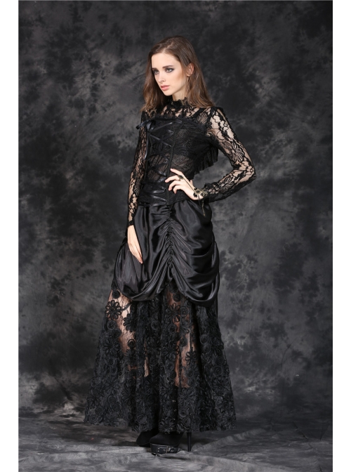 Black Gothic Front Chest Lace-Up Jacquard Hollow-Out Lace T-Shirt