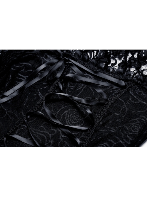 Black Gothic Front Chest Lace-Up Jacquard Hollow-Out Lace T-Shirt