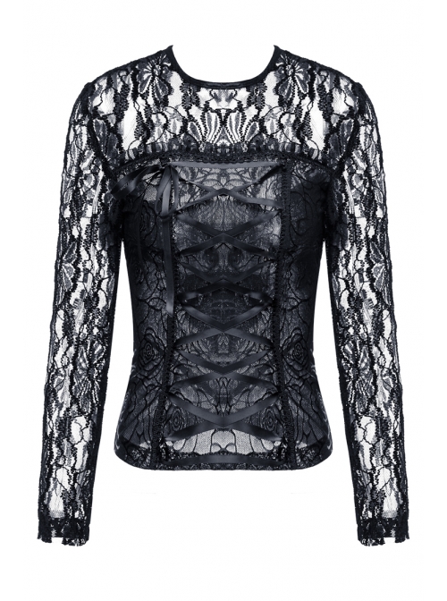 Black Gothic Front Chest Lace-Up Jacquard Hollow-Out Lace T-Shirt