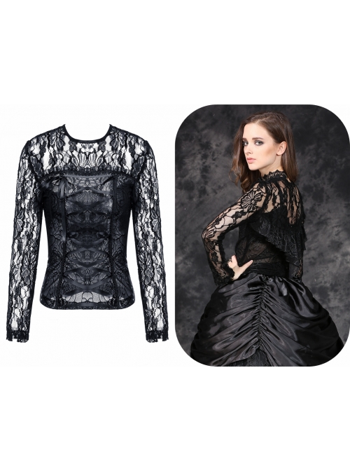 Black Gothic Front Chest Lace-Up Jacquard Hollow-Out Lace T-Shirt
