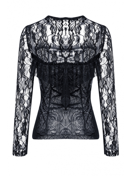 Black Gothic Front Chest Lace-Up Jacquard Hollow-Out Lace T-Shirt