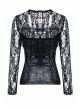 Black Gothic Front Chest Lace-Up Jacquard Hollow-Out Lace T-Shirt