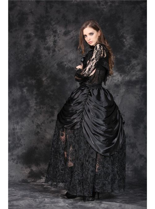 Black Gothic Front Chest Lace-Up Jacquard Hollow-Out Lace T-Shirt