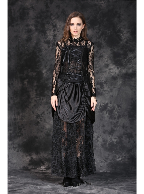 Black Gothic Front Chest Lace-Up Jacquard Hollow-Out Lace T-Shirt