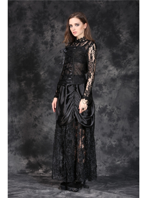 Black Gothic Front Chest Lace-Up Jacquard Hollow-Out Lace T-Shirt