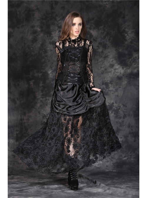 Black Gothic Front Chest Lace-Up Jacquard Hollow-Out Lace T-Shirt