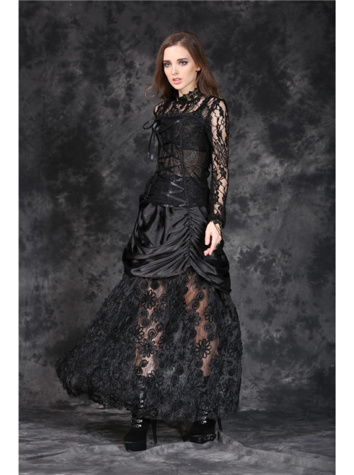 Black Gothic Front Chest Lace-Up Jacquard Hollow-Out Lace T-Shirt
