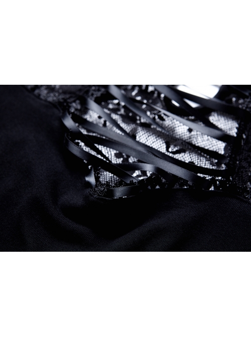 Small High Collar Front Chest Lace-Up Flare Sleeve Black Gothic Jacquard Hollow-Out Lace T-Shirt