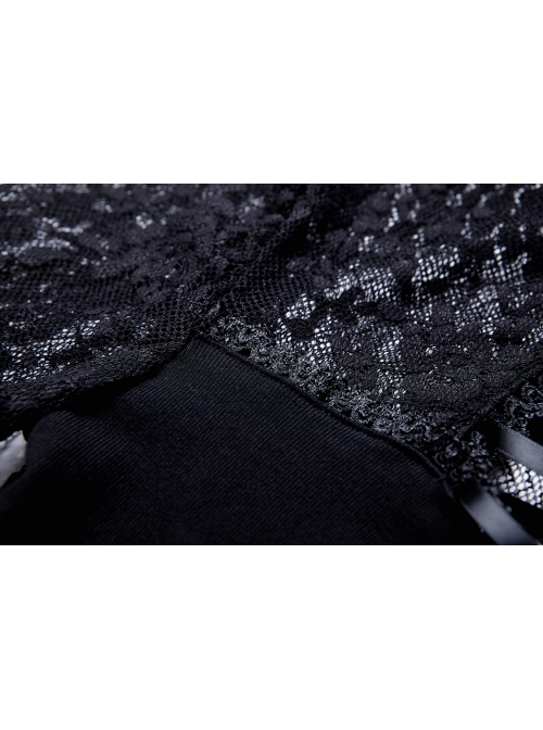 Small High Collar Front Chest Lace-Up Flare Sleeve Black Gothic Jacquard Hollow-Out Lace T-Shirt