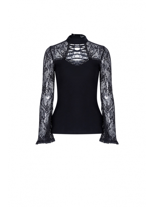 Small High Collar Front Chest Lace-Up Flare Sleeve Black Gothic Jacquard Hollow-Out Lace T-Shirt
