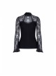 Small High Collar Front Chest Lace-Up Flare Sleeve Black Gothic Jacquard Hollow-Out Lace T-Shirt