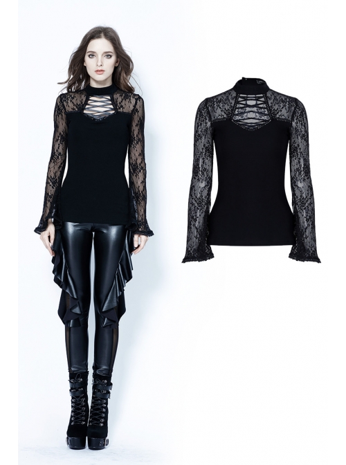 Small High Collar Front Chest Lace-Up Flare Sleeve Black Gothic Jacquard Hollow-Out Lace T-Shirt