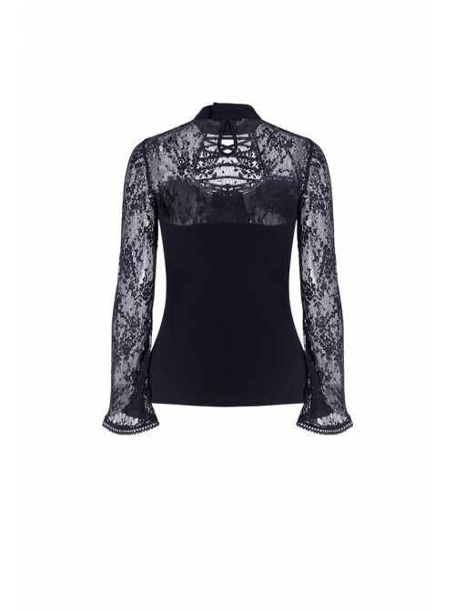 Small High Collar Front Chest Lace-Up Flare Sleeve Black Gothic Jacquard Hollow-Out Lace T-Shirt