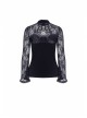 Small High Collar Front Chest Lace-Up Flare Sleeve Black Gothic Jacquard Hollow-Out Lace T-Shirt