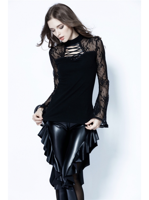 Small High Collar Front Chest Lace-Up Flare Sleeve Black Gothic Jacquard Hollow-Out Lace T-Shirt