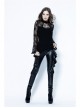 Small High Collar Front Chest Lace-Up Flare Sleeve Black Gothic Jacquard Hollow-Out Lace T-Shirt