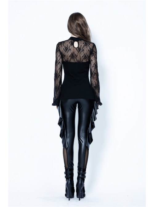 Small High Collar Front Chest Lace-Up Flare Sleeve Black Gothic Jacquard Hollow-Out Lace T-Shirt