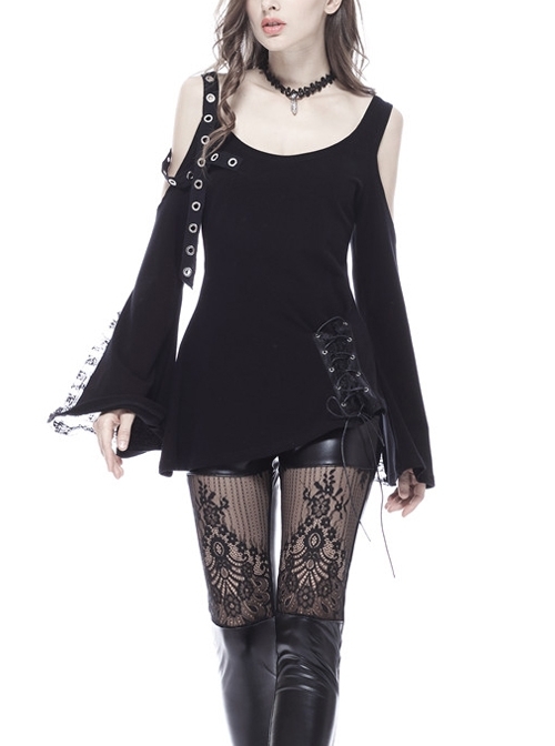 Off-Shoulder Metal Eyelets Strap Back Lace-Up Flare Sleeve Lace Cuff Black Punk T-Shirt