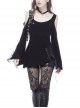 Off-Shoulder Metal Eyelets Strap Back Lace-Up Flare Sleeve Lace Cuff Black Punk T-Shirt