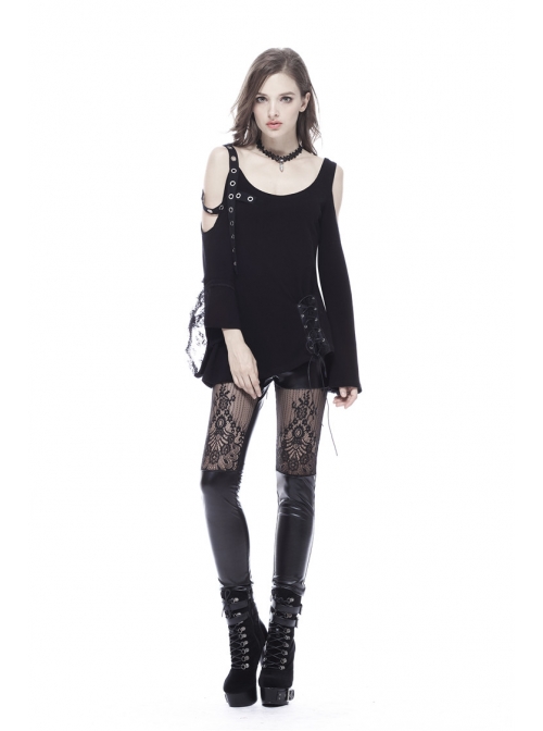 Off-Shoulder Metal Eyelets Strap Back Lace-Up Flare Sleeve Lace Cuff Black Punk T-Shirt
