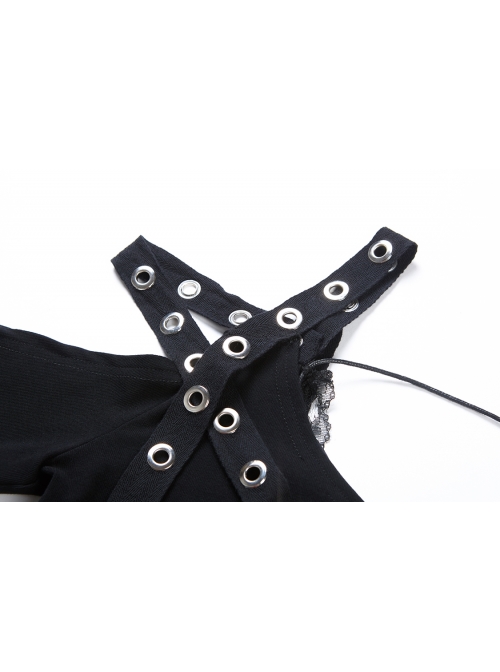 Off-Shoulder Metal Eyelets Strap Back Lace-Up Flare Sleeve Lace Cuff Black Punk T-Shirt