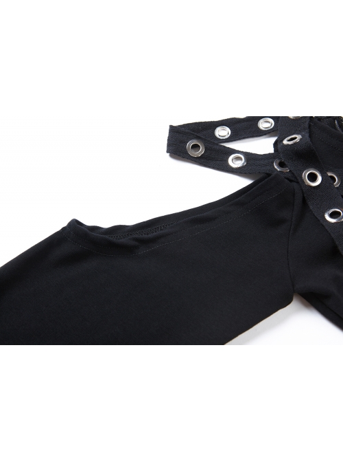 Off-Shoulder Metal Eyelets Strap Back Lace-Up Flare Sleeve Lace Cuff Black Punk T-Shirt