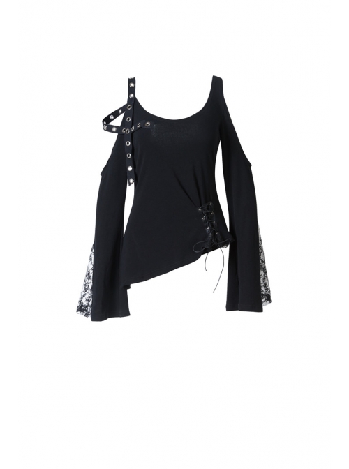 Off-Shoulder Metal Eyelets Strap Back Lace-Up Flare Sleeve Lace Cuff Black Punk T-Shirt