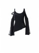 Off-Shoulder Metal Eyelets Strap Back Lace-Up Flare Sleeve Lace Cuff Black Punk T-Shirt