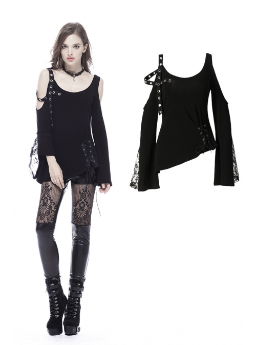 Off-Shoulder Metal Eyelets Strap Back Lace-Up Flare Sleeve Lace Cuff Black Punk T-Shirt