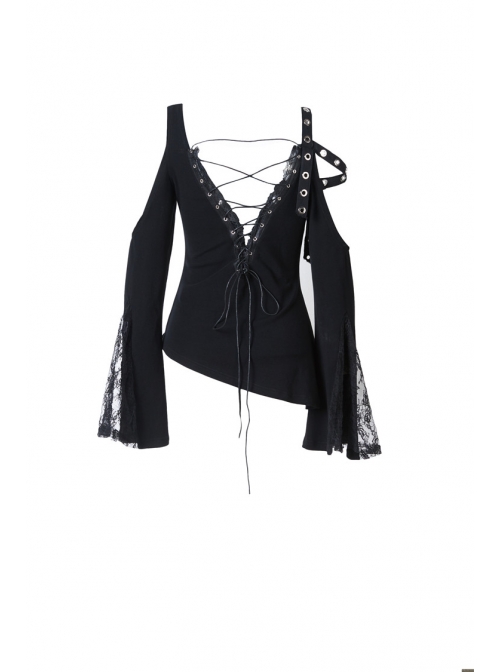 Off-Shoulder Metal Eyelets Strap Back Lace-Up Flare Sleeve Lace Cuff Black Punk T-Shirt