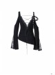 Off-Shoulder Metal Eyelets Strap Back Lace-Up Flare Sleeve Lace Cuff Black Punk T-Shirt