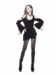 Off-Shoulder Metal Eyelets Strap Back Lace-Up Flare Sleeve Lace Cuff Black Punk T-Shirt
