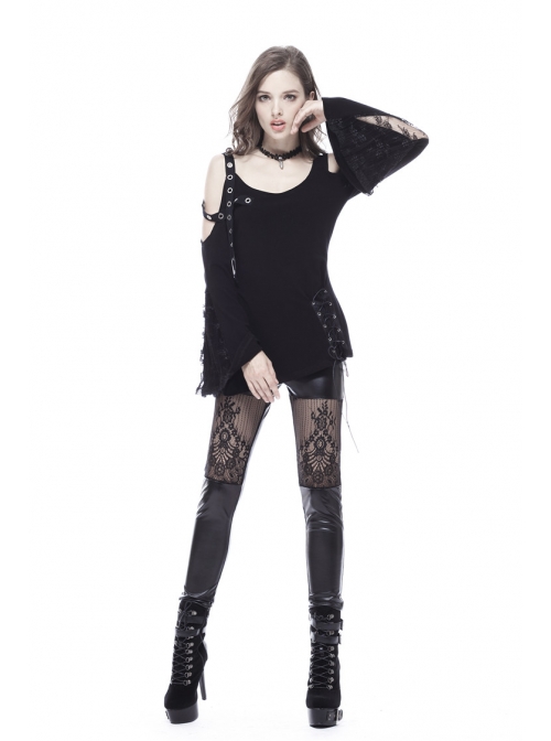 Off-Shoulder Metal Eyelets Strap Back Lace-Up Flare Sleeve Lace Cuff Black Punk T-Shirt
