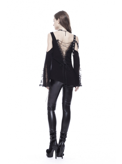 Off-Shoulder Metal Eyelets Strap Back Lace-Up Flare Sleeve Lace Cuff Black Punk T-Shirt