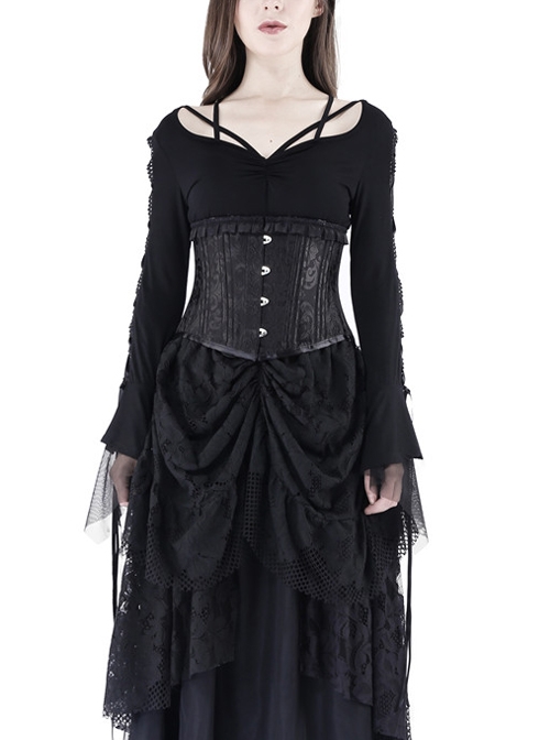 Bandage Collar Lace-Up Long Sleeve Lace Cuff Black Gothic T-Shirt