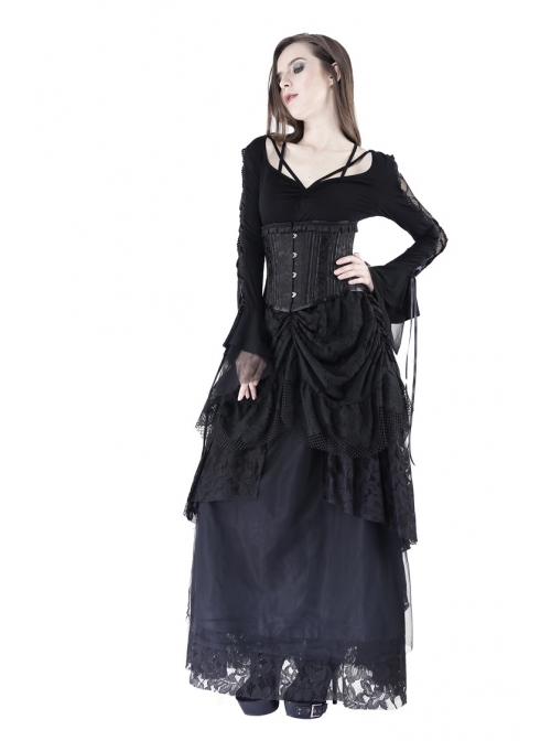 Bandage Collar Lace-Up Long Sleeve Lace Cuff Black Gothic T-Shirt