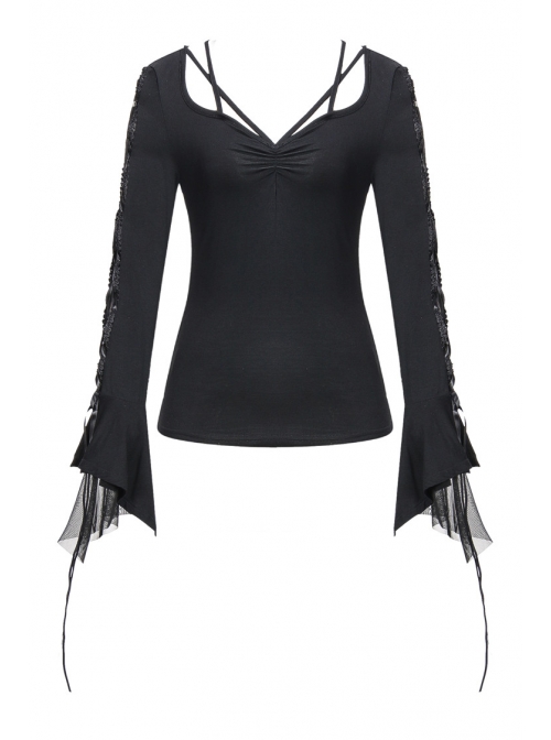 Bandage Collar Lace-Up Long Sleeve Lace Cuff Black Gothic T-Shirt