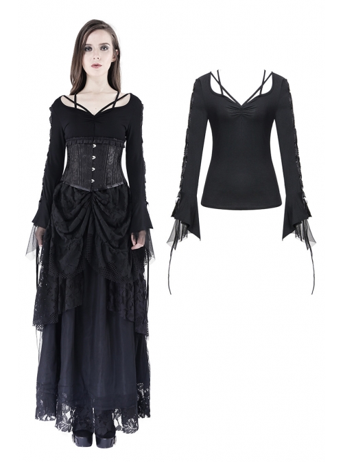 Bandage Collar Lace-Up Long Sleeve Lace Cuff Black Gothic T-Shirt