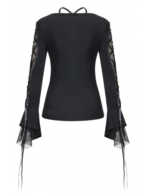 Bandage Collar Lace-Up Long Sleeve Lace Cuff Black Gothic T-Shirt