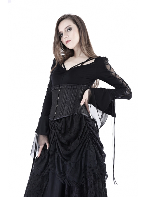 Bandage Collar Lace-Up Long Sleeve Lace Cuff Black Gothic T-Shirt