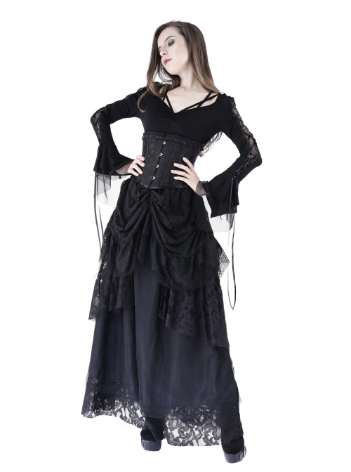 Bandage Collar Lace-Up Long Sleeve Lace Cuff Black Gothic T-Shirt