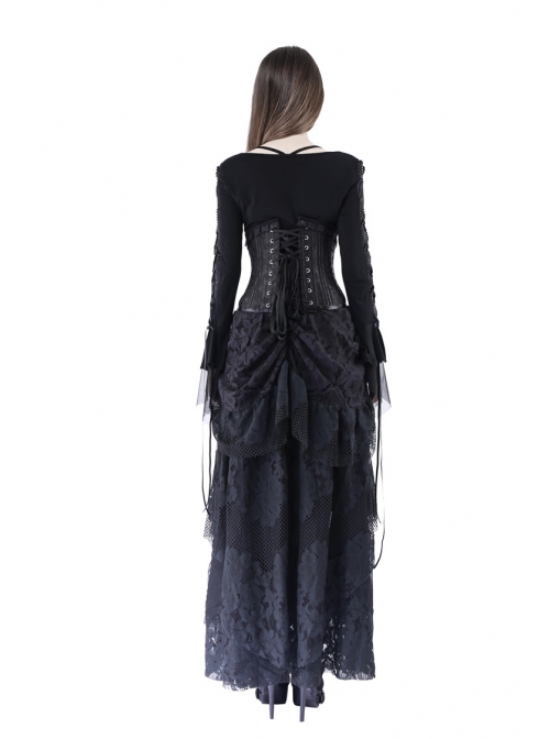 Bandage Collar Lace-Up Long Sleeve Lace Cuff Black Gothic T-Shirt