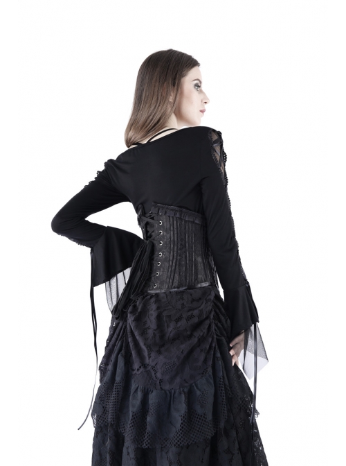 Bandage Collar Lace-Up Long Sleeve Lace Cuff Black Gothic T-Shirt