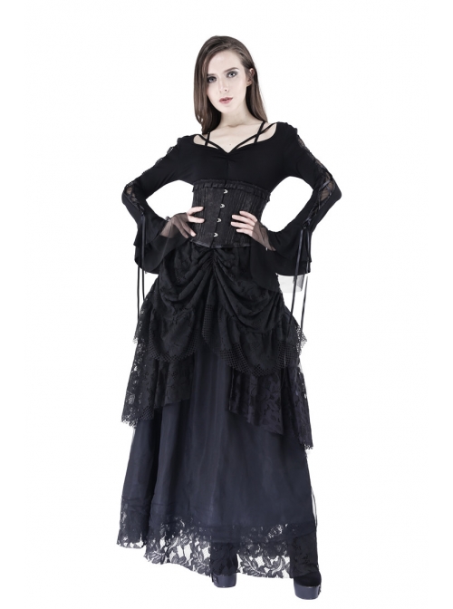 Bandage Collar Lace-Up Long Sleeve Lace Cuff Black Gothic T-Shirt