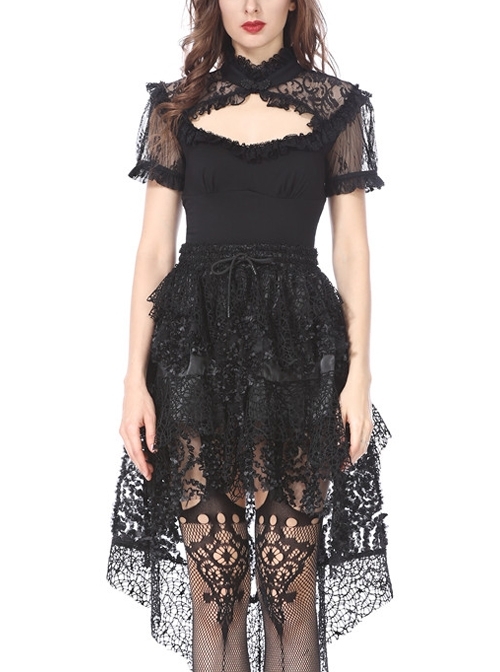 Lace High Collar Bubble Sleeve Backless Black Gothic Knit T-Shirt