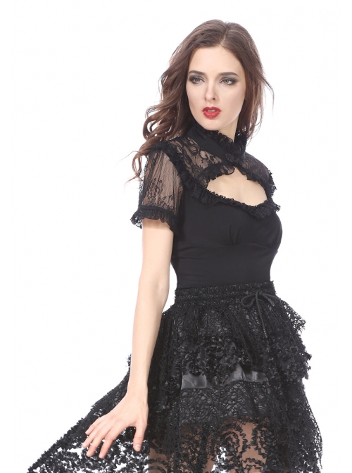 Lace High Collar Bubble Sleeve Backless Black Gothic Knit T-Shirt