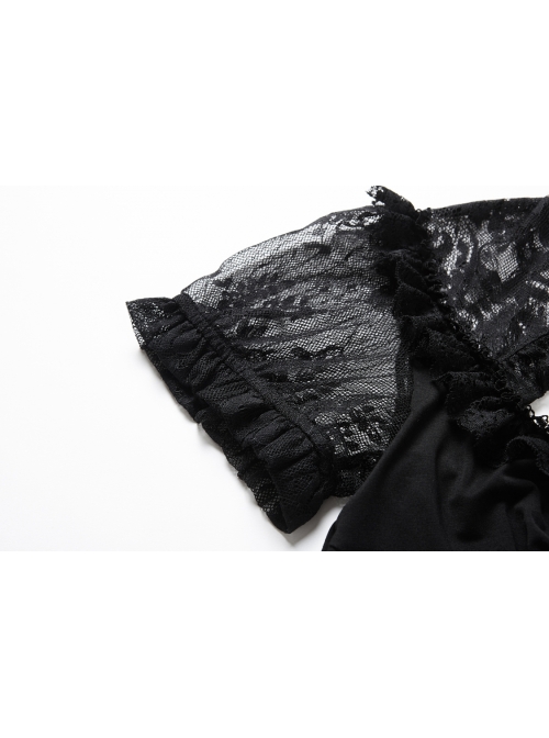Lace High Collar Bubble Sleeve Backless Black Gothic Knit T-Shirt