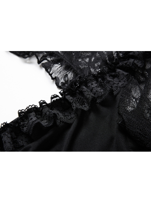 Lace High Collar Bubble Sleeve Backless Black Gothic Knit T-Shirt