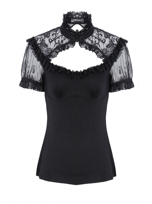 Lace High Collar Bubble Sleeve Backless Black Gothic Knit T-Shirt